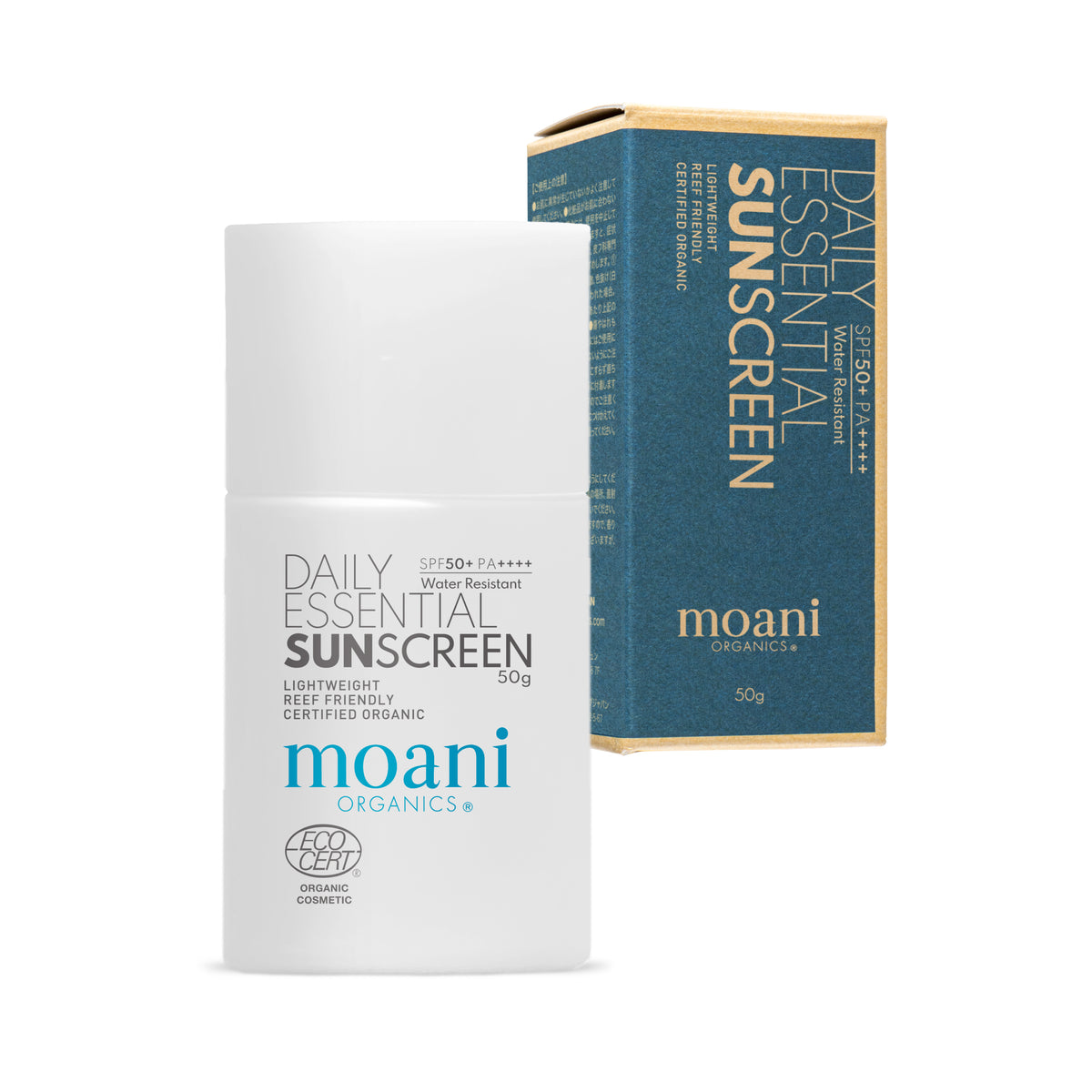 moani organics デイリーエッセンシャルサンスクリーン50g WaterProof_ProductPackage_1200